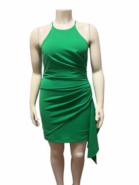 NWT Badgley Mischka Sz 8 Daphne Green Halter Ruched Asymmetrical Cocktail Dress